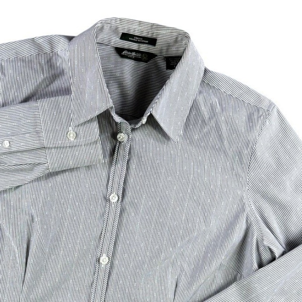Eddie Bauer Shirt Women L Blue White Striped Short Sleeve Button Casual Blouse